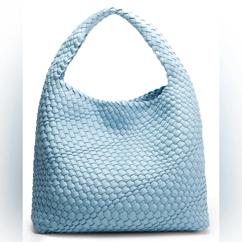 Woven Boho Tote‎ Bag Vegan Leather Light Blue New Oversized Bag purse E-NYC Hobo